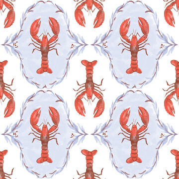 Lobster, seafood, seamless watercolor pattern, hand drawn.