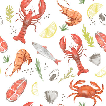 Seafood seamless hand-drawn watercolor pattern. Illustrations of lobster, crab, and shrimp.