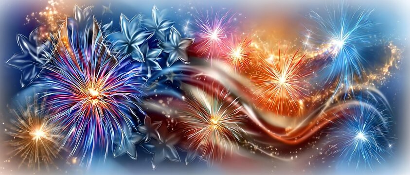 Fireworks Illuminating Waving Stripes. Dynamic Fireworks Burst Over Waving Patriotic Flag Scene