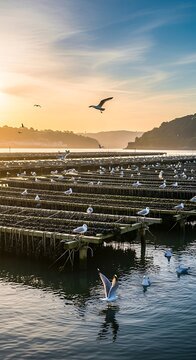 A serene coastal scene with rows of wooden oyster racks