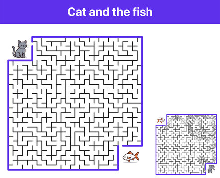 Cat and fish maze puzzle with solution path printable educational brain game Vector flat illustration on white background