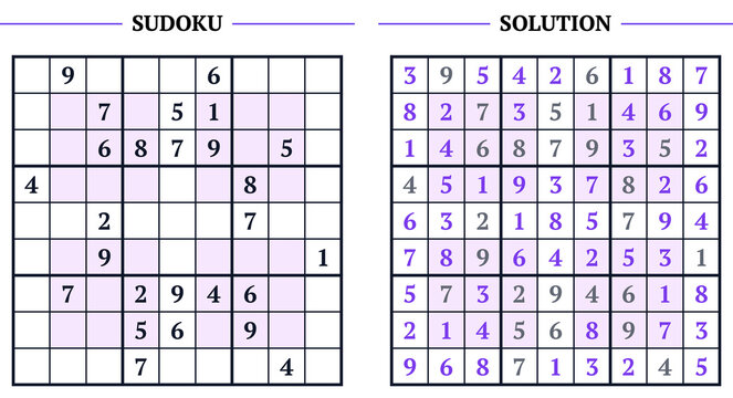Hyper sudoku puzzle with complete solution printable logic brain activity. Vector flat illustration on white background