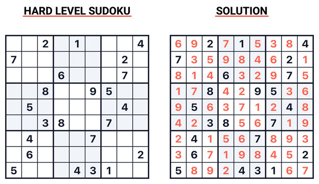 Expert level classic sudoku puzzle with complete solution printable logic game Vector flat illustration on white background