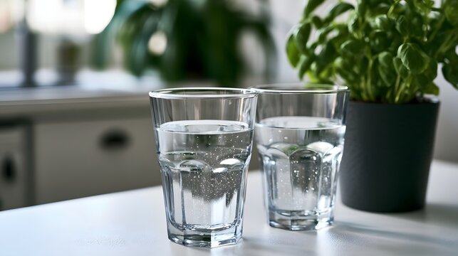 Two glasses of sparkling water sit beside a potted basil plant on a white kitchen counter under natural light