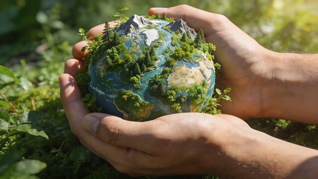 Human hands gently cupping a small miniature globe covered with green forests and mountains