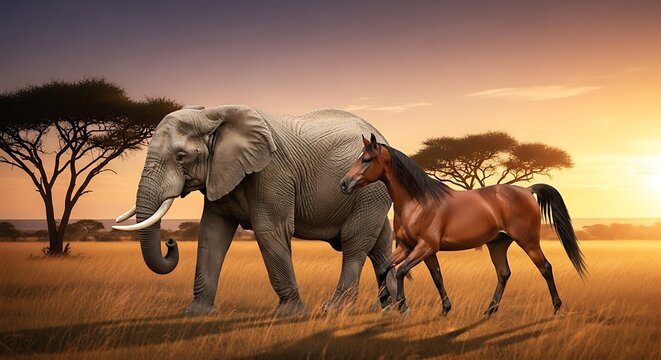 A serene savannah scene with an elephant and horse walking together