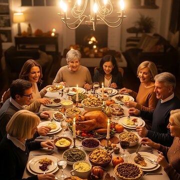A warmly lit family gathers around a bountiful dinner table