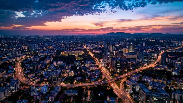 aerial view of bengaluru india city skyline dramatic sunset to night timelapse video