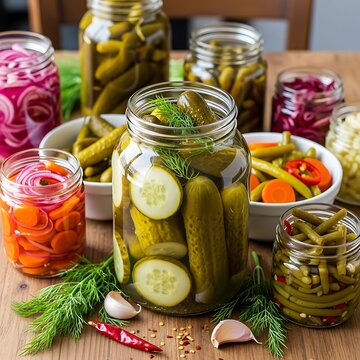 A wooden table displays an assortment of pickled vegetables in jars and bowls