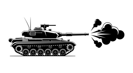 Military tank firing a cannon black silhouette against a white background © sakib