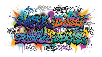 Graffiti lettering set with colorful urban street art tags and spray paint style elements © S.Siam