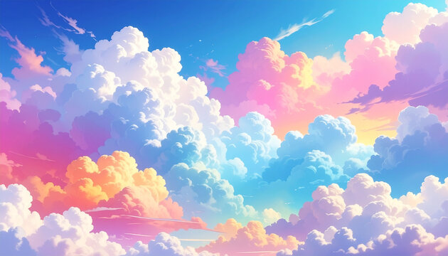 Dreamy pastel sky with fluffy cumulus clouds at sunset