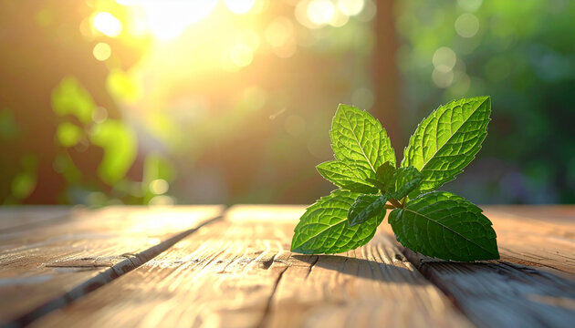 Fresh Mint Leaves Illuminated by Golden Sunlight on Wooden Table