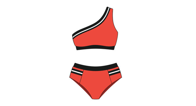 Red two-piece swimsuit set featuring a one-shoulder top and high-waisted bottoms with black and white sporty stripes.