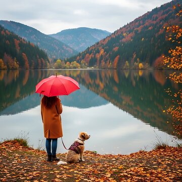 A woman in a brown coat stands with a dog under a pink umbrella on the shore of a still lake surrounded by mountains