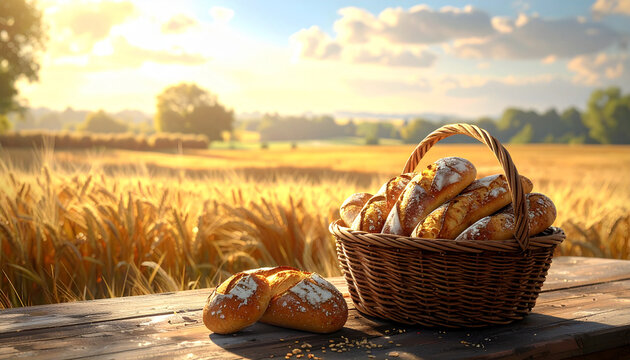 Freshly baked bread in a basket on a wooden table in a wheat field
