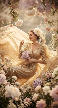 A woman in a flowing gown sits amidst a lush floral arrangement