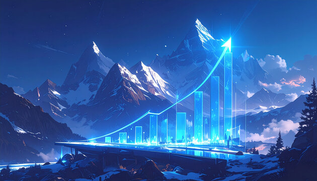 Futuristic growth chart with glowing arrow over snowy mountains