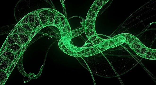 Glowing green neon-like mesh structures on a black background