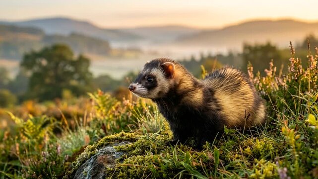 european polecat close up in european wetlands morning light video