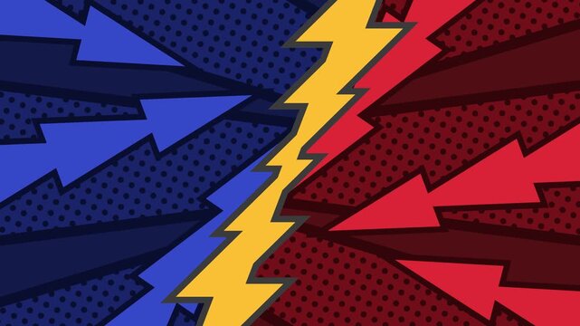 画面を黄色の線で分断する赤と青の背景素材(ポップアート風)／A pop art-style red and blue background divided by a bold yellow line across the screen
