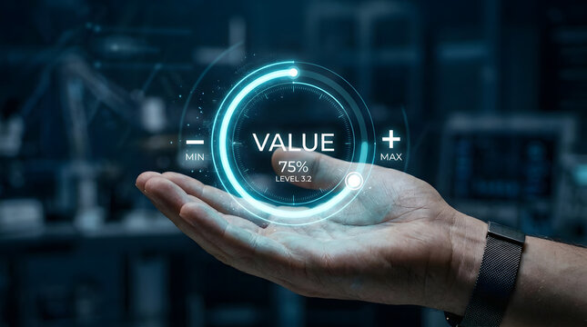 Hand holding digital value concept with glowing blue interface