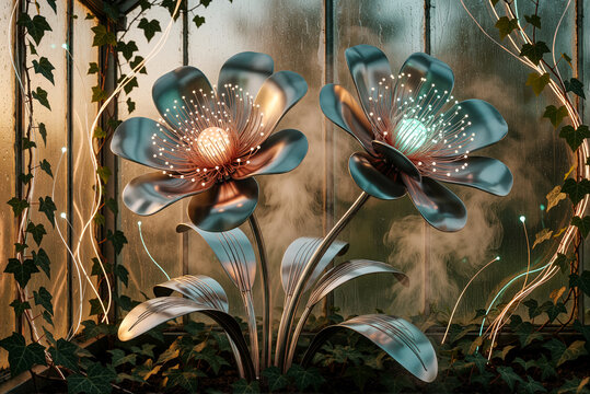 Futuristic metallic bio tech flowers glowing in a greenhouse