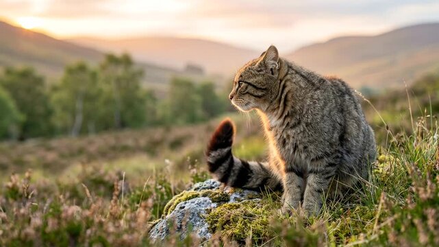 european wildcat close up in scottish highlands morning light video