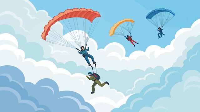 Skydivers jumping from plane with open parachutes in cloudy sky parachute jump extreme sport extreme activity air sports skydiving parachute skydiver aviation adventure freefall recreation