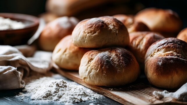 Freshly baked soft rolls with golden crusts rest on wooden board beside scattered flour and linen cloth