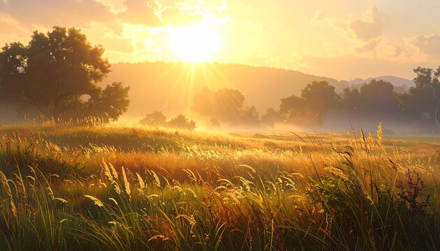 Golden sunrise over misty meadow with tall grass and trees