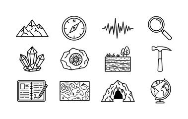 Fototapeta premium Geology and earth exploration. Line outline icon set of Geology and earth exploration: mountain landscape, compass, seismic graph, magnifying glass, crystal formation, fossil rock, underground layers,