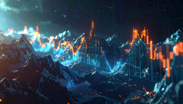 Digital mountain range with glowing financial data streams and charts
