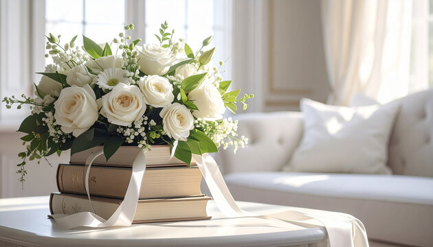 Elegant white rose bouquet on stacked vintage books soft light
