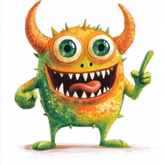 Fototapeta premium Cute cartoon monster with big eyes and horns