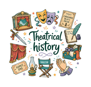 Theatrical history. Hand drawn illustration of Theatrical history. comedy mask, tragedy mask, antique stage, playbill, quill notebook, costume trunk, prop sword, velvet curtain, ticket stub, oil lamp,