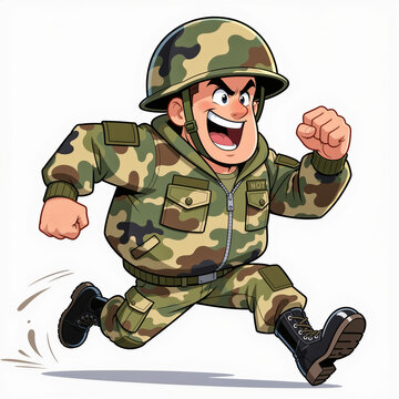 Crazy junior soldier beams with manic excitement on a white background, wearing an oversized camouflage outfit and a gigantic helmet.
