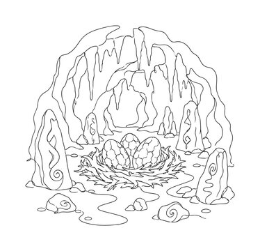 "Secret Dragon Nest Cave". Minimalistic one-line drawing hidden dragon nest deep inside a fantasy cave with large eggs, stalactites, and glowing rune-like stones, continuous single black line on white