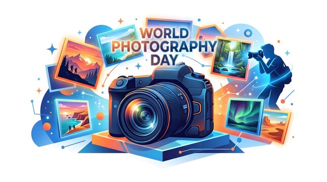 World Photography Day Premium Flat Vector Illustration with DSLR Camera, Photographer Silhouette, Floating Photo Frames, Travel Landscapes, Creative Studio Concept Isolated on White