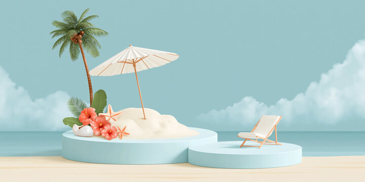 Summer Display Podium With Sand Flowers Palm Tree And Beach Chair 3d Rendering beachcombing blossom