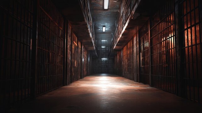 Dimly lit prison corridor, bars and shadows. Artificial intelligence image