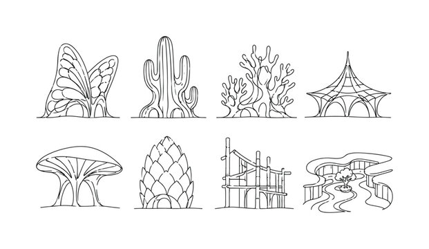 "Nature Inspired Building Design". Minimalistic set one-line drawing [butterfly wing facade, cactus shaded tower, coral reef structure, spiderweb roof frame, mushroom canopy shelter, pinecone adaptive