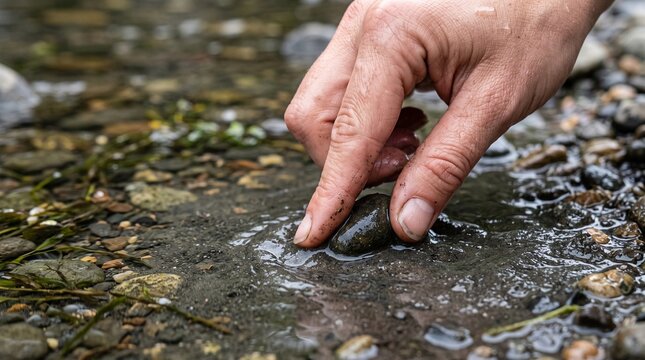 Close up of a person's hand picking up a smooth dark stone from a shallow stream bed with pebbles and aquatic plants