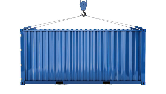 Isolated blue shipping container being lifted by a crane hook for freight transportation