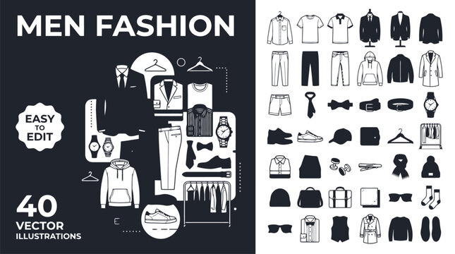 Men fashion icons set, 40 vector illustrations of male clothing and accessories, minimalist black and white apparel symbols for retail and e-commerce