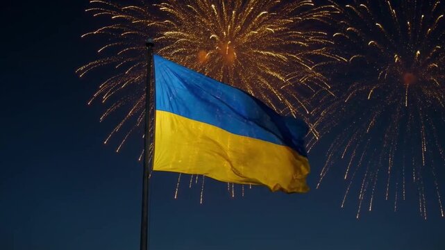 National flag of Ukraine waving against dark night sky with colorful fireworks.