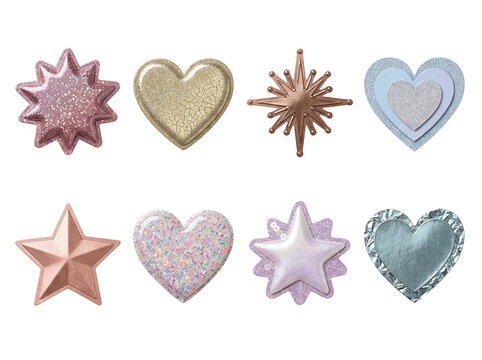 Glitter heart and star sticker PNG pack with metallic pastel scrapbook embellishments