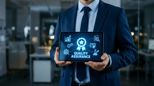 Businessman holding tablet with quality assurance