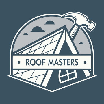 Roof masters construction and roofing services badge with construction, building