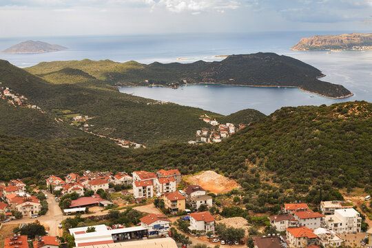 Panoramic top view of seaside resort city of Kas in Turkey.
